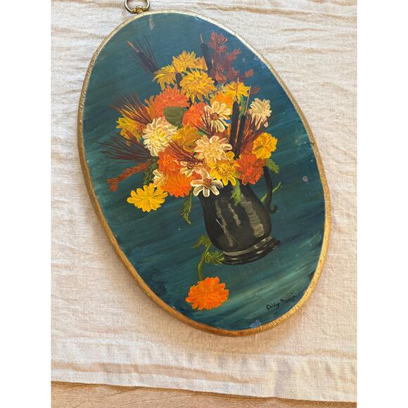Vintage Original Oil Painting on Oval Board Fall Florals - Picture 3 of 5